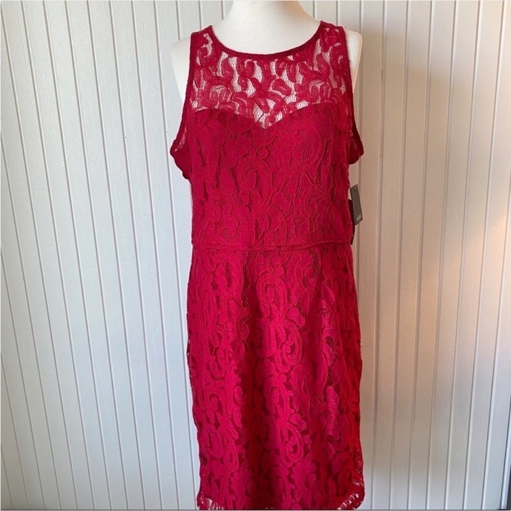 NWT Marina Red Lace Sleeveless Sheath Cocktail Dress Illusion Neckline Size 12